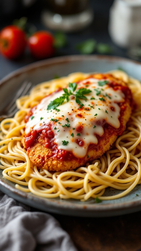 A delicious plate of crispy chicken parmesan served over spaghetti with marinara sauce and melted cheese.