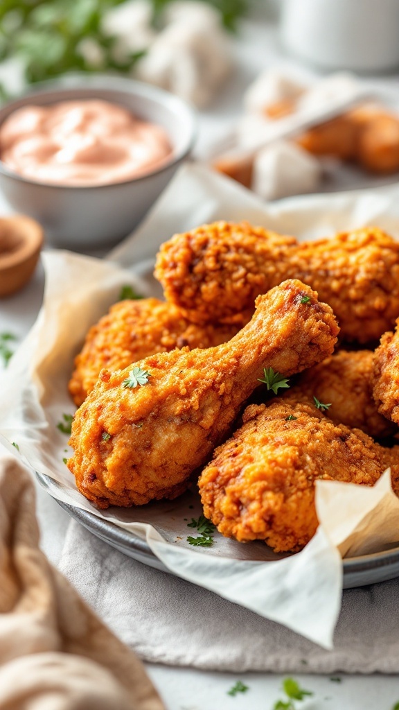 Plate of crispy fried chicken drumsticks garnished with herbs