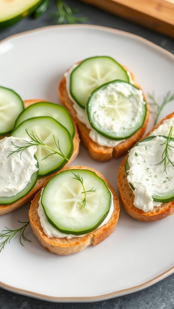 Cucumber and cream cheese sandwiches on a white plate