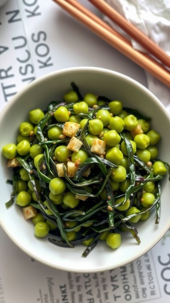 A bowl of edamame and seaweed salad with green peas and a light dressing