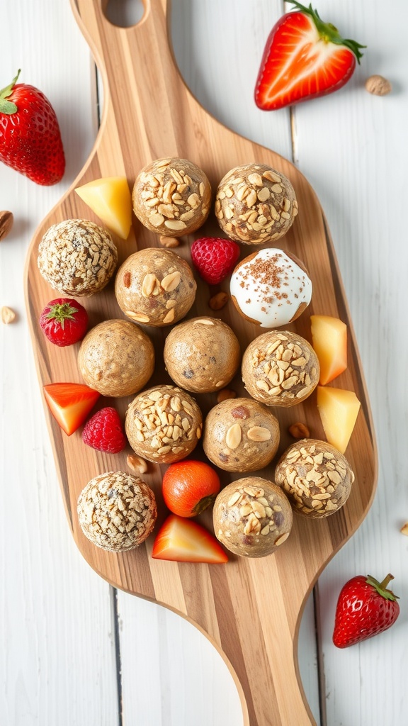 A wooden platter filled with various fruit and nut energy balls and fresh strawberries.