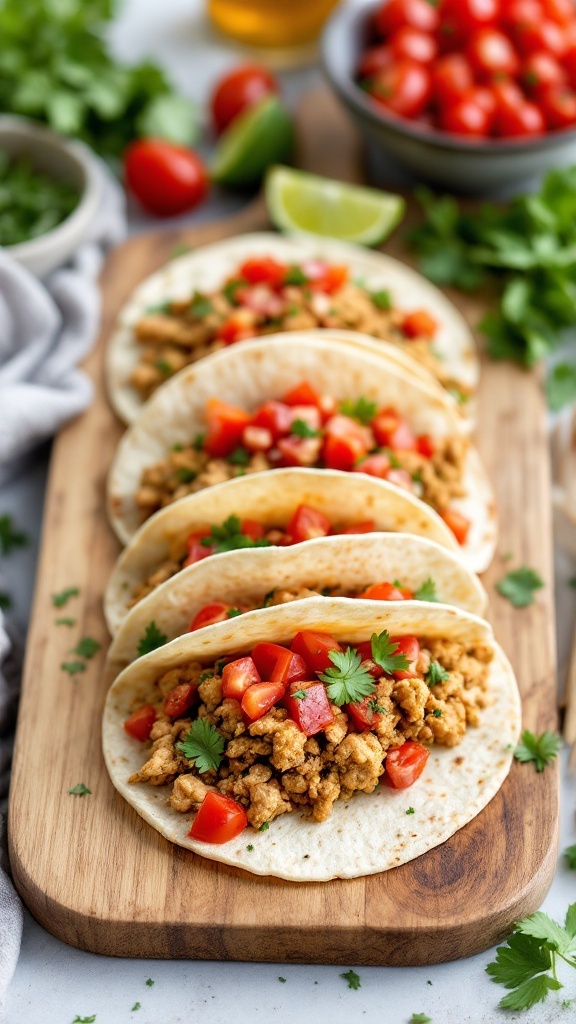 Ground chicken tacos with garlic and herbs topped with fresh tomatoes and cilantro