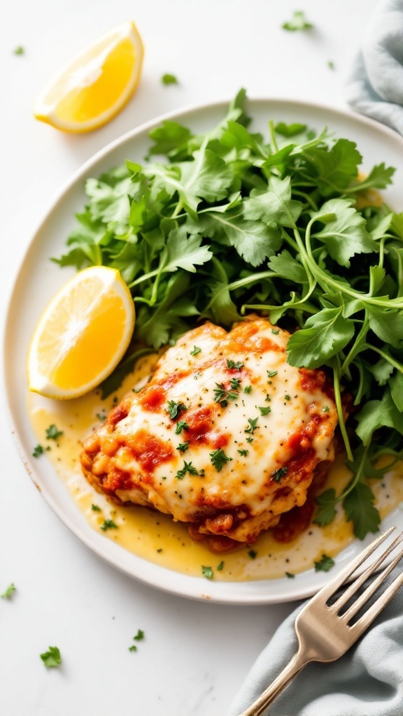 A plate of gluten-free chicken parmesan served with a side salad.