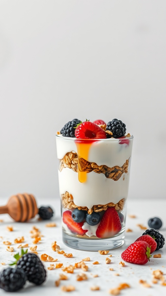 A delicious Greek yogurt parfait with layers of yogurt, berries, and granola in a glass.