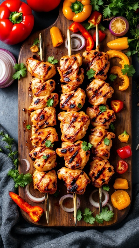 Delicious grilled chicken teriyaki skewers garnished with fresh herbs and colorful vegetables.