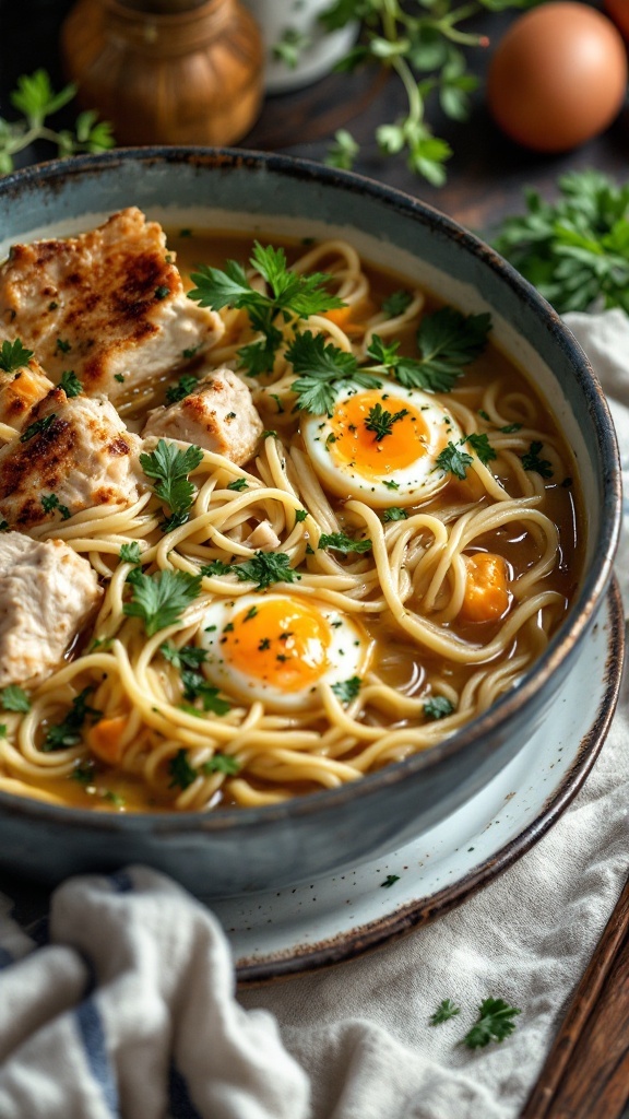 A bowl of herbed chicken and egg noodle soup with a garnish of herbs