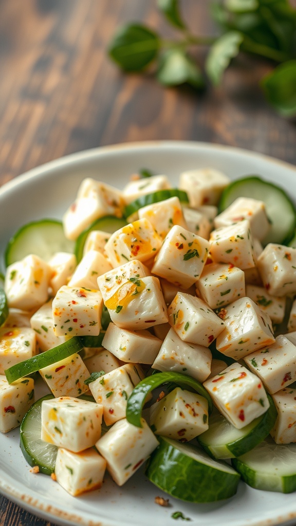 A plate of herbed tofu cubes mixed with cucumber slices, garnished with herbs.