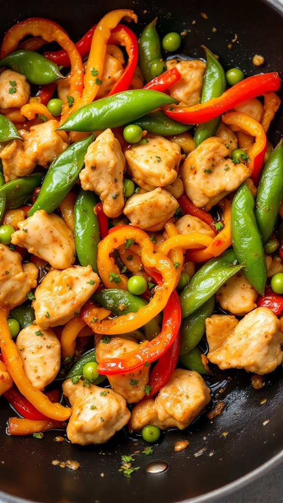 A colorful honey garlic chicken stir-fry with bell peppers and snap peas.