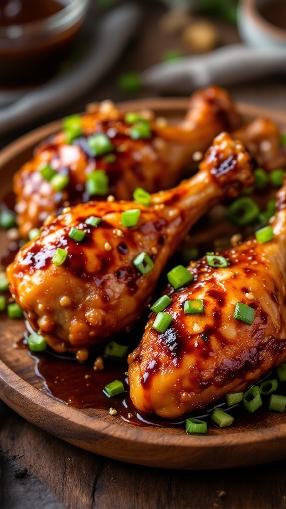 Delicious honey garlic soy sauce glazed chicken drumsticks garnished with green onions.