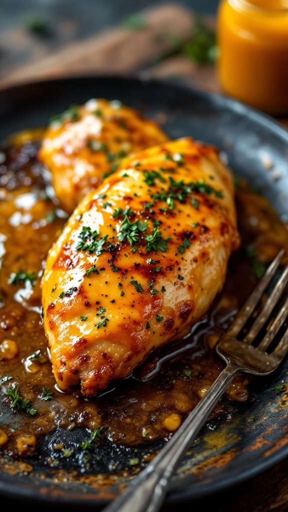 Honey Mustard Baked Chicken on a plate with a fork