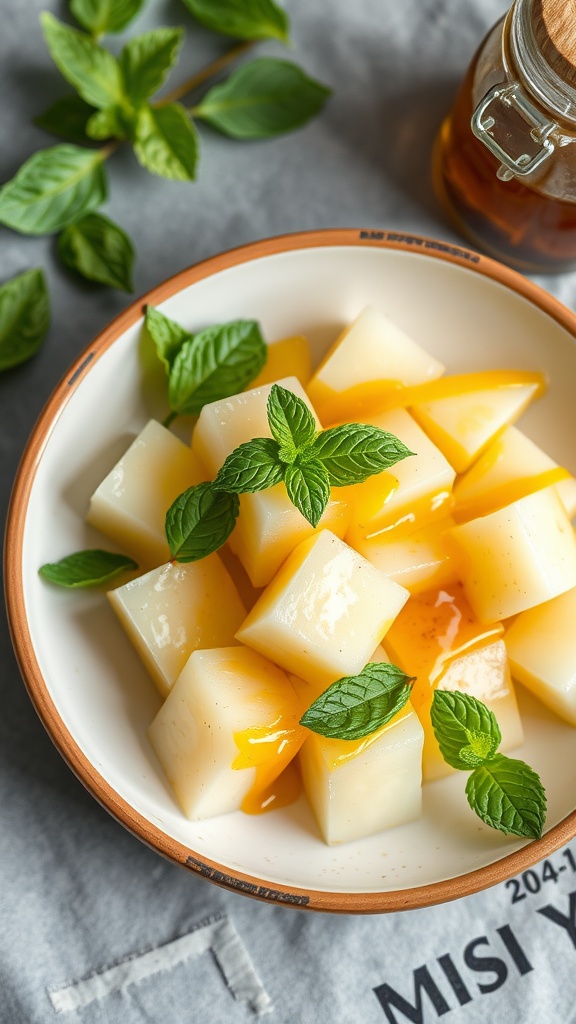 A bowl of honeydew melon cubes topped with fresh mint leaves and a drizzle of honey.