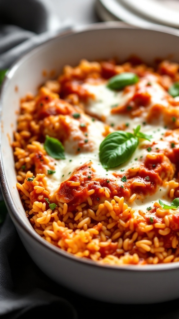 A delicious Italian Chicken and Rice Casserole with melted cheese and fresh basil