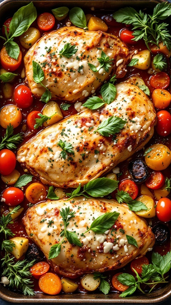 An Italian chicken and vegetable bake featuring chicken breasts, cherry tomatoes, zucchini, and herbs.