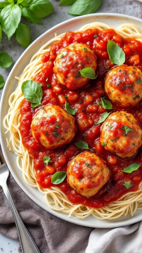 A plate of Italian herb chicken meatballs with marinara sauce over spaghetti.