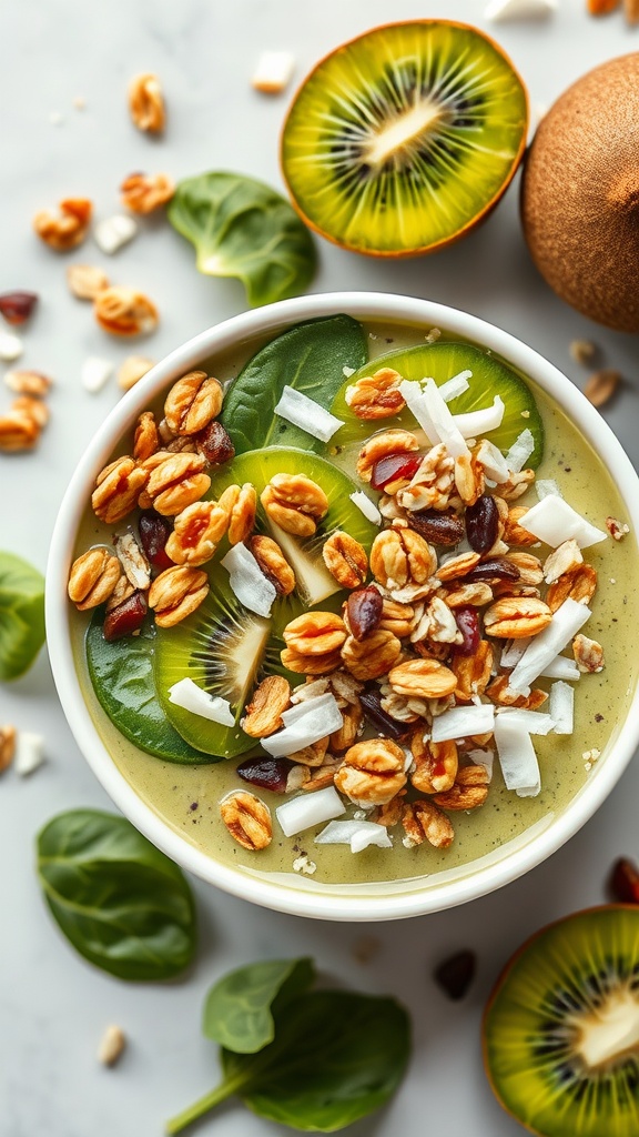 A colorful kiwi and spinach smoothie bowl topped with oats and coconut flakes, surrounded by fresh kiwi fruits and spinach leaves.