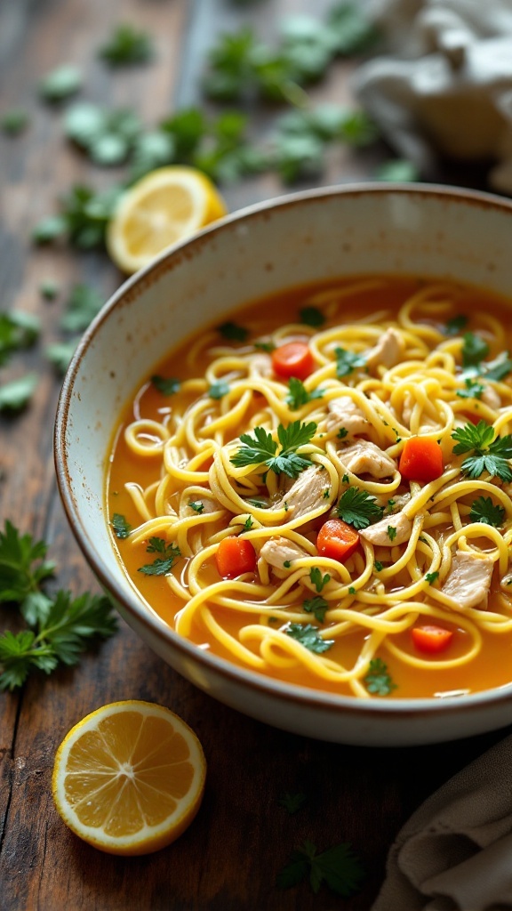 A bowl of lemon herb chicken noodle soup with chicken, noodles, and vegetables, garnished with herbs.