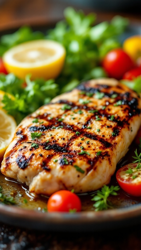 Grilled chicken breast garnished with herbs and lemon slices