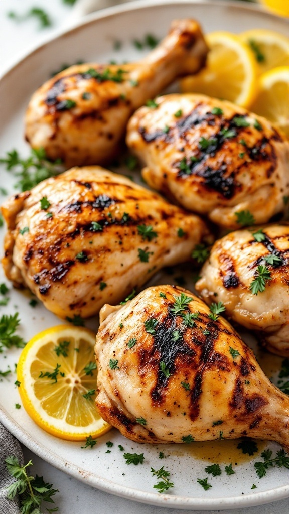 Delicious lemon herb grilled chicken drumsticks garnished with parsley and lemon slices.