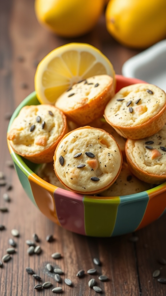 A bowl filled with lemon poppy seed pancake muffins, garnished with a slice of lemon.