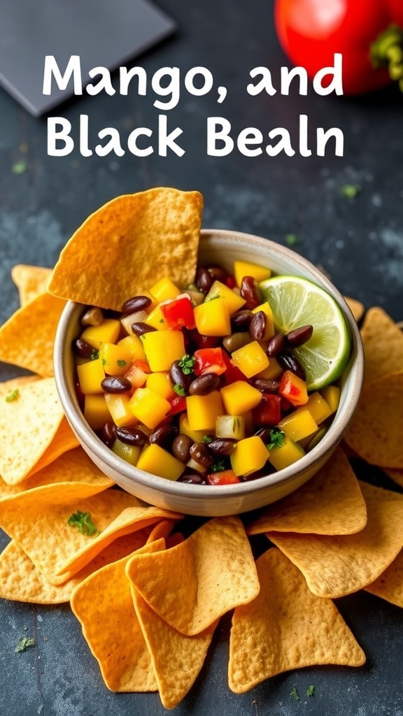 A bowl of mango and black bean salsa surrounded by tortilla chips.