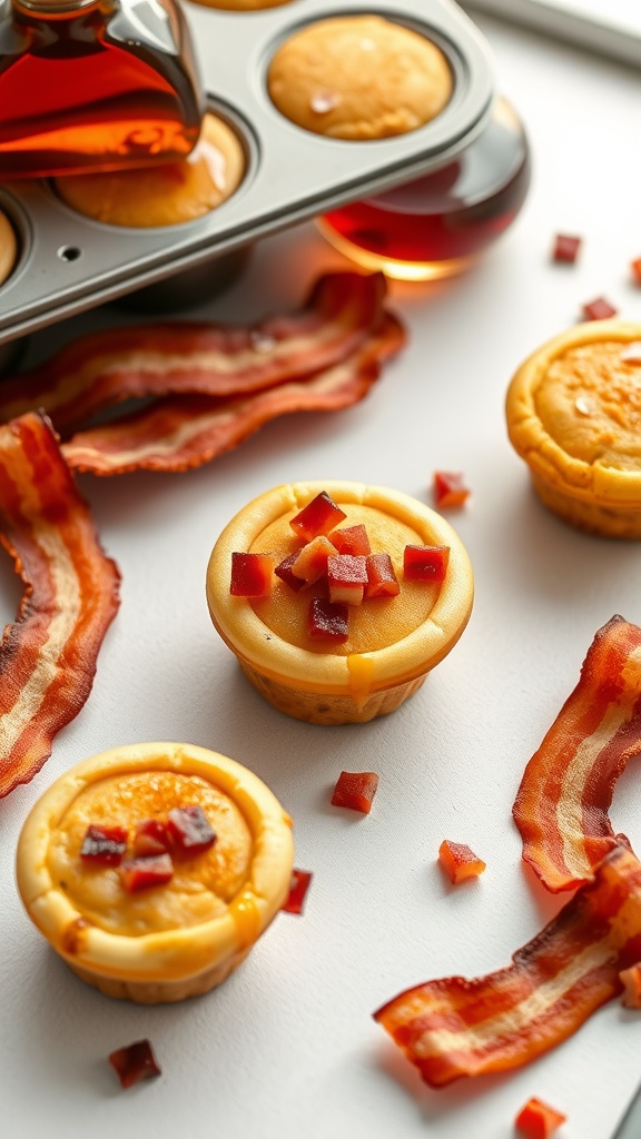 Maple Bacon Pancake Muffins with syrup and bacon strips