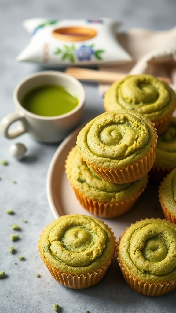 Matcha green tea pancake muffins displayed on a plate with a cup of matcha tea