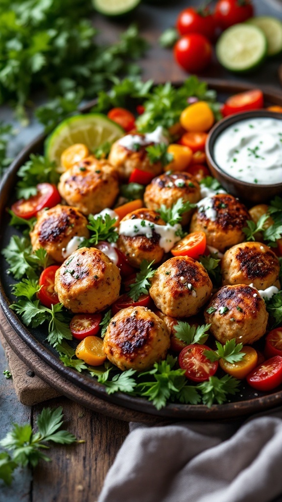 Plate of Mediterranean chicken meatballs garnished with herbs and served with tzatziki sauce.