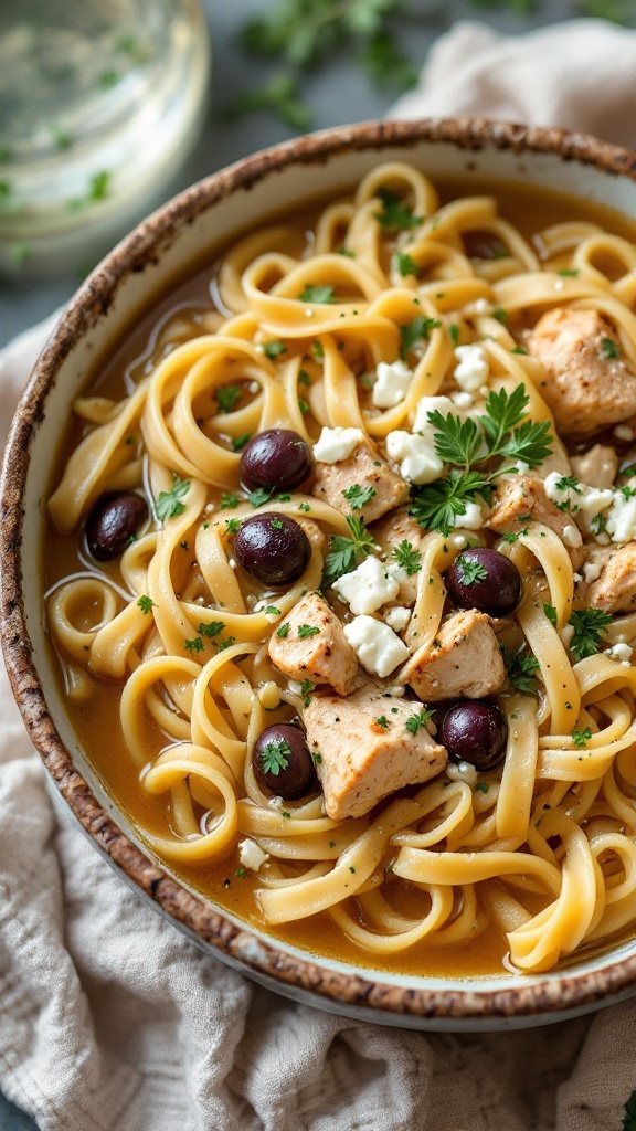 Bowl of Mediterranean Chicken Noodle Soup with egg noodles and olives