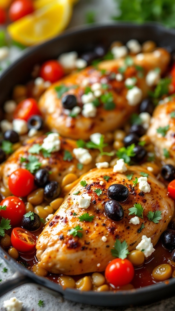 A one-pan dish featuring Mediterranean chicken with olives and feta cheese