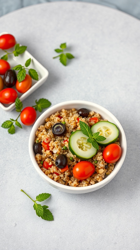 A colorful Mediterranean quinoa bowl with tomatoes, cucumbers, and olives.