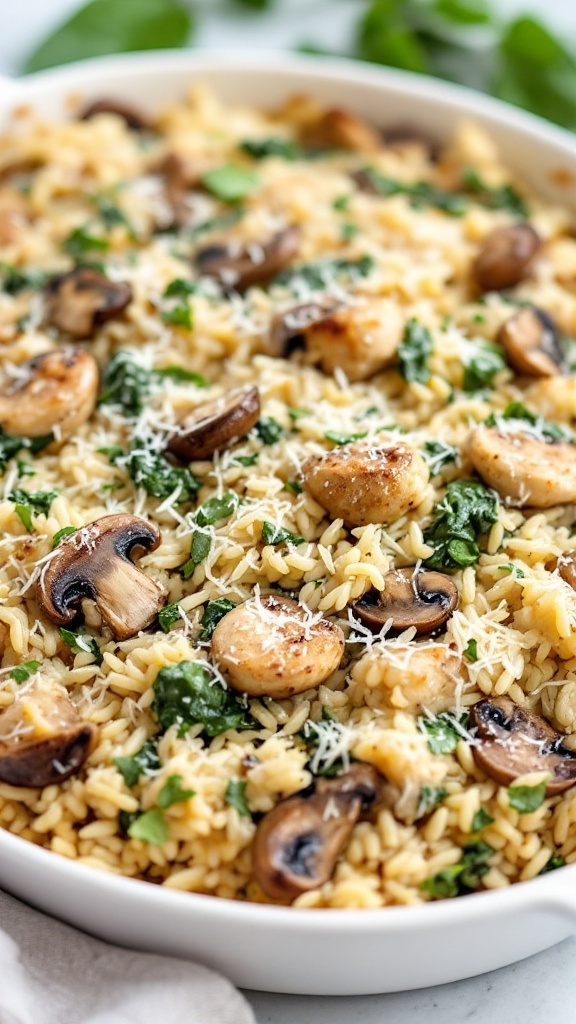 Creamy chicken and rice casserole with mushrooms and spinach