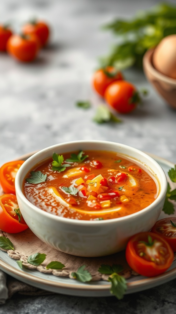 A bowl of vibrant gazpacho garnished with vegetables and herbs, surrounded by fresh tomatoes.