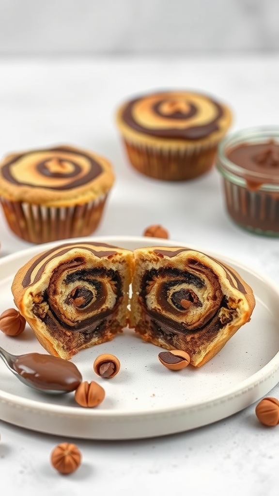 Nutella Swirl Pancake Muffins cut in half, showcasing the Nutella inside.