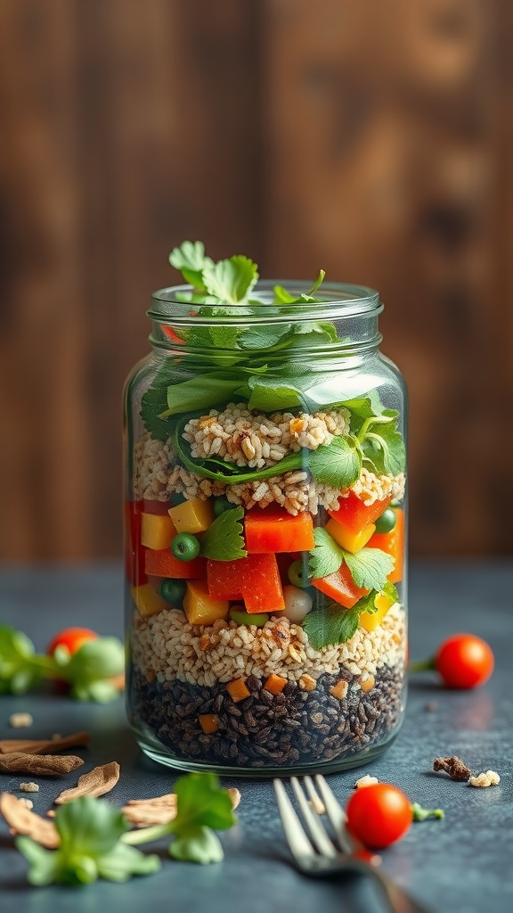 A layered salad jar containing grains, colorful vegetables, and greens.