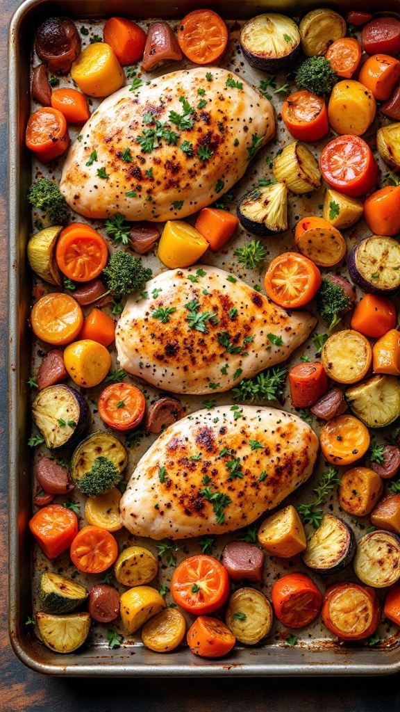 A delicious one-pan chicken breast dish with colorful roasted vegetables.