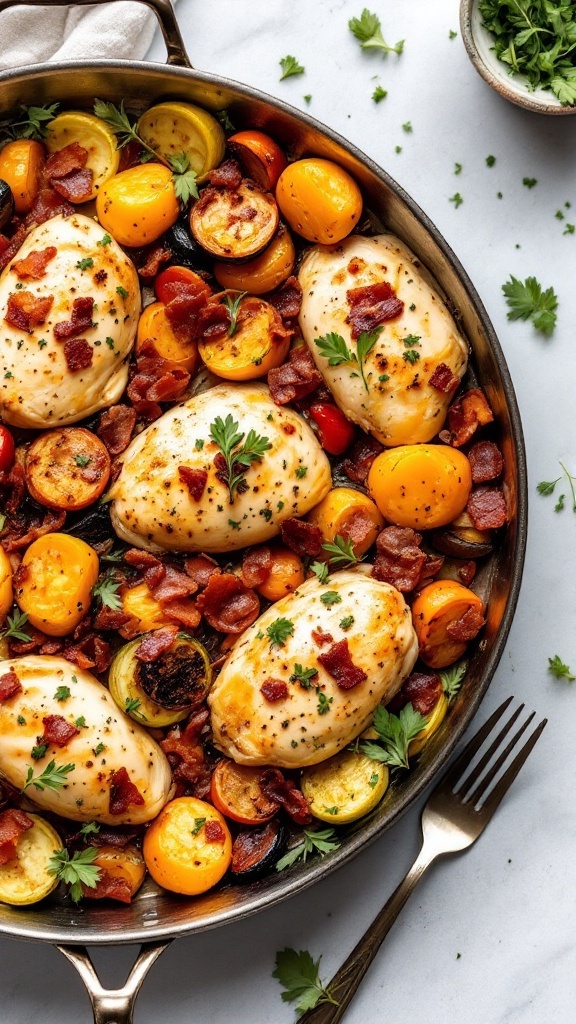 A one-pan meal featuring chicken breasts topped with bacon and surrounded by colorful vegetables.