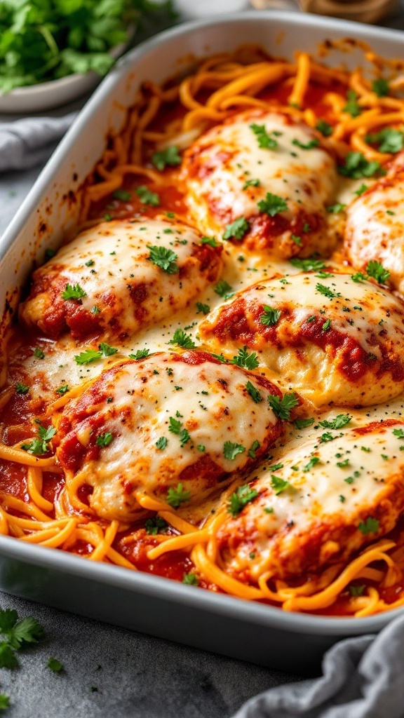 A delicious one-pan chicken parmesan bake with chicken breasts covered in marinara sauce and melted mozzarella cheese.