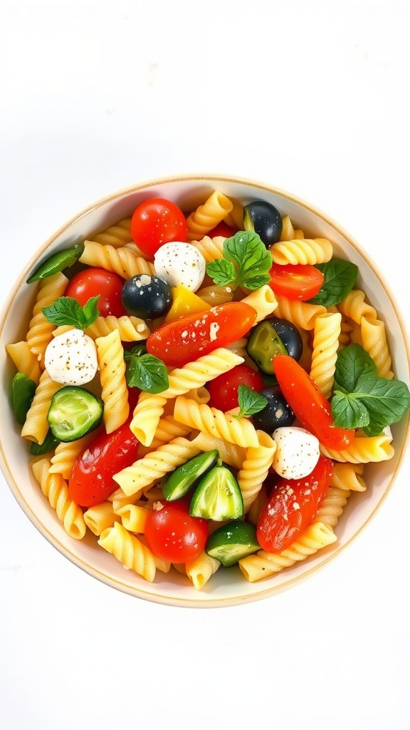 A vibrant bowl of pasta salad with assorted vegetables including cherry tomatoes, bell peppers, olives, and fresh herbs.