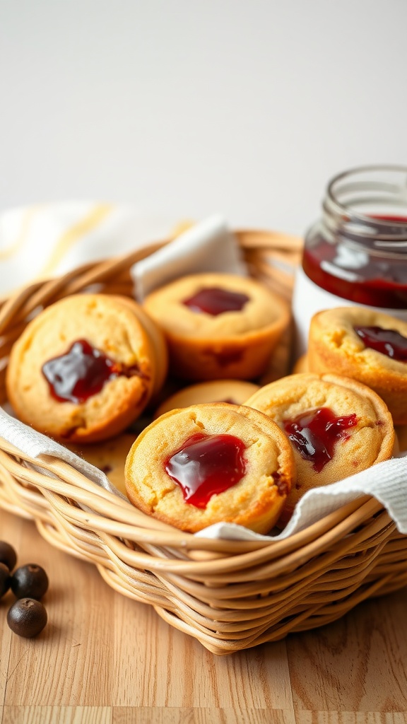 Peanut butter and jelly pancake muffins in a basket with a jar of jelly.