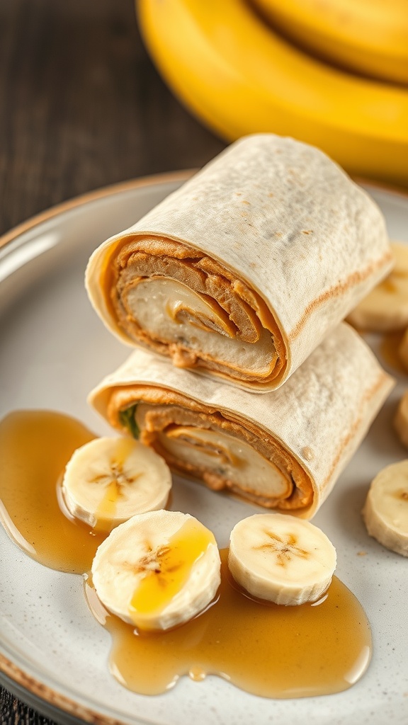 A peanut butter banana wrap on a plate with banana slices and syrup.