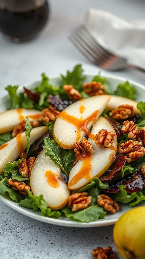 A fresh pear and walnut salad on a plate with greens and a drizzle of dressing.