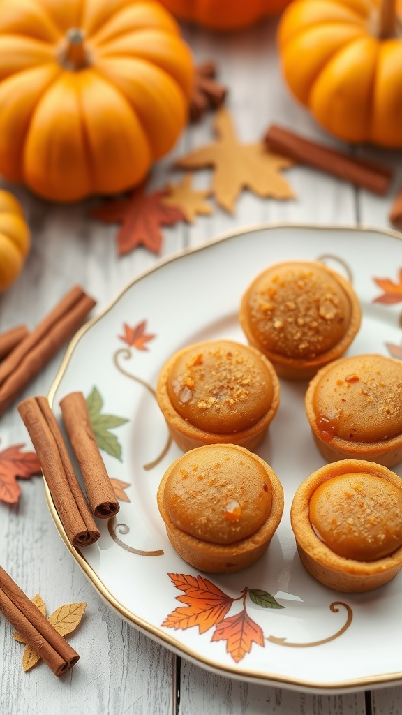 A plate of pumpkin spice pancake muffins with fall decorations.