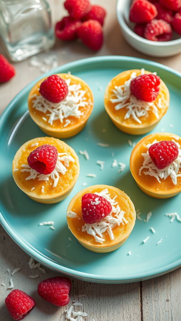 Delicious raspberry coconut pancake muffins topped with raspberries and shredded coconut.