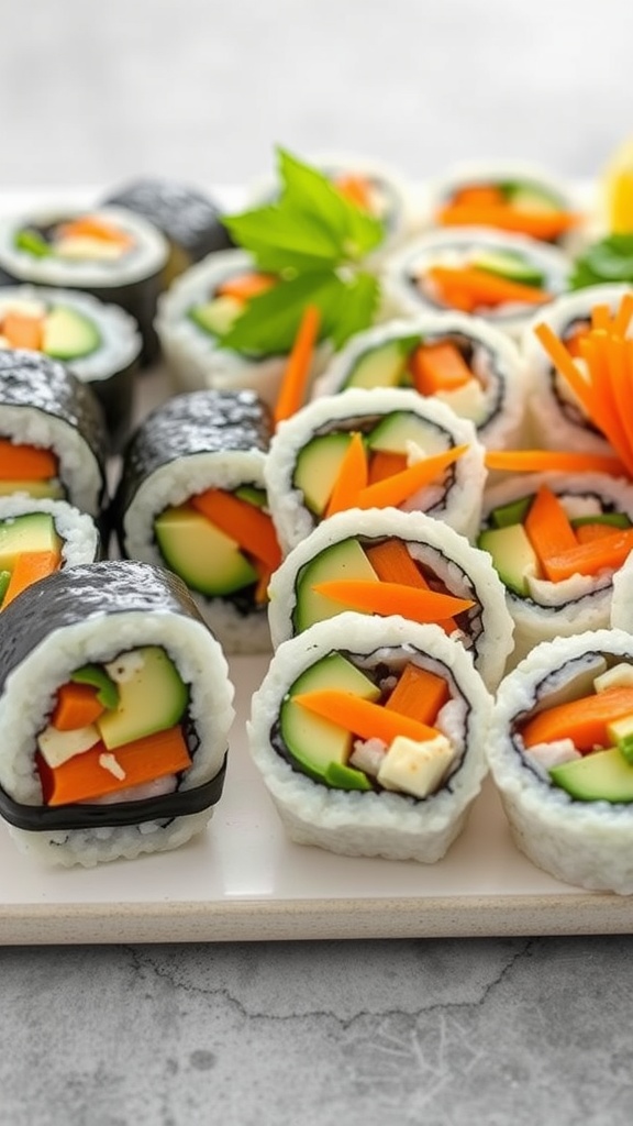 A platter of raw veggie sushi rolls featuring cucumbers, carrots, and other colorful vegetables.