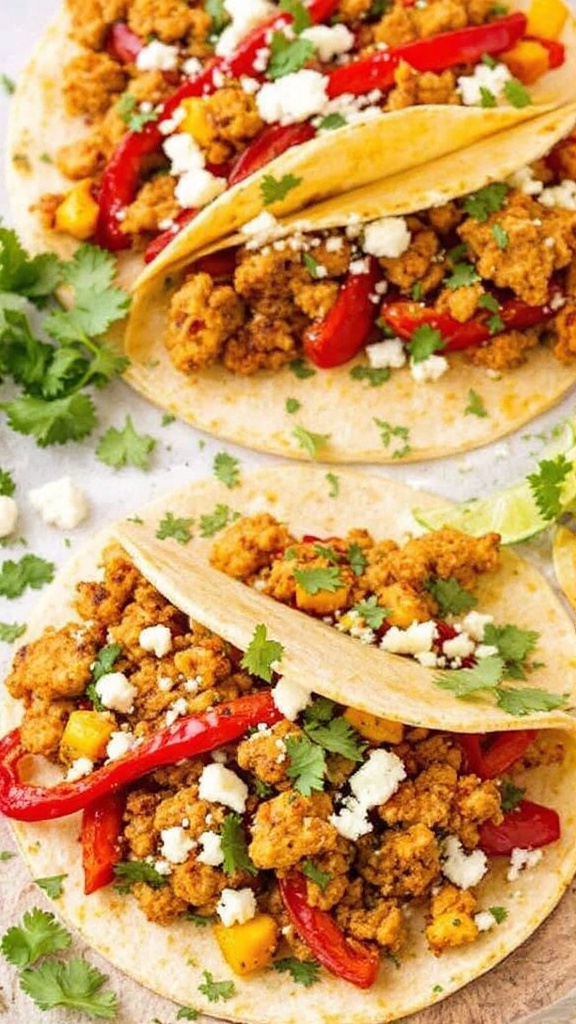 Delicious roasted red pepper and feta chicken tacos with cilantro garnish.