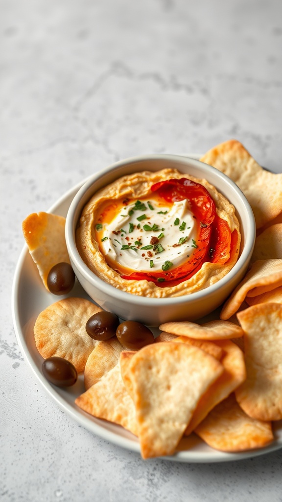 Creamy roasted red pepper and feta dip served with crackers and olives on a plate