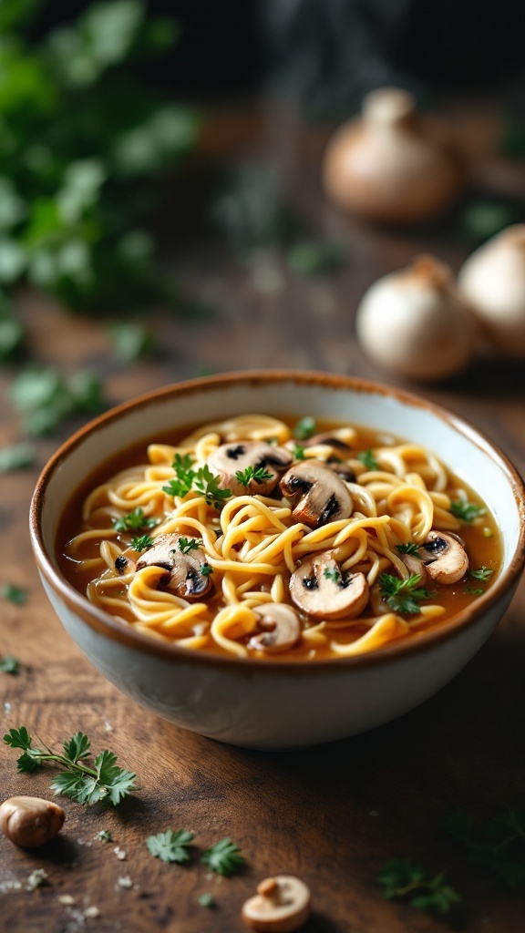 A warm bowl of savory mushroom chicken noodle soup topped with parsley