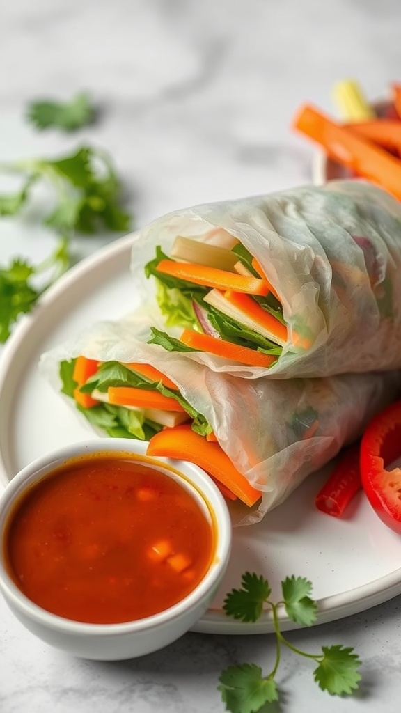 Two rice paper rolls filled with fresh vegetables on a plate, accompanied by a small bowl of dipping sauce.