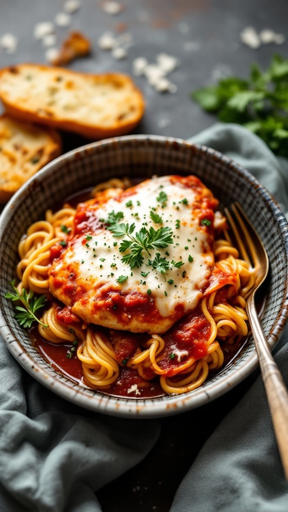 A delicious serving of Slow Cooker Chicken Parmesan with pasta and garlic bread