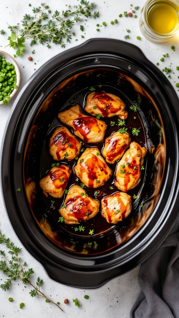 Slow cooker chicken teriyaki in a black slow cooker with a glossy sauce